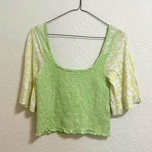 NWOT Free People Marigold Mix Print Smocked Short Sleeve Top in Key Lime Combo